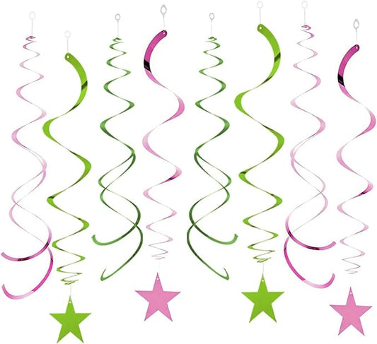 GAKA Pink and Green Foil Hanging Ceiling Swirls Garland,Star Swirl Streamer Decorations for Birthday,Anniversary,Graduation Party Supplies(24Pcs)