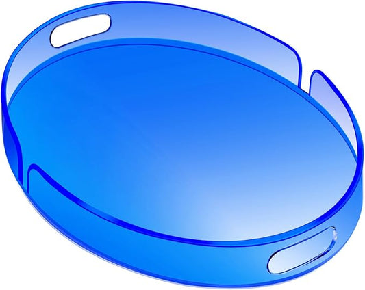 Acrylic Serving Tray with Handles Large Decorative Ottoman Tray 17x13'' Round for Bathroom Food Coffee Fruit Snack Tea Dinner Living Room, Blue