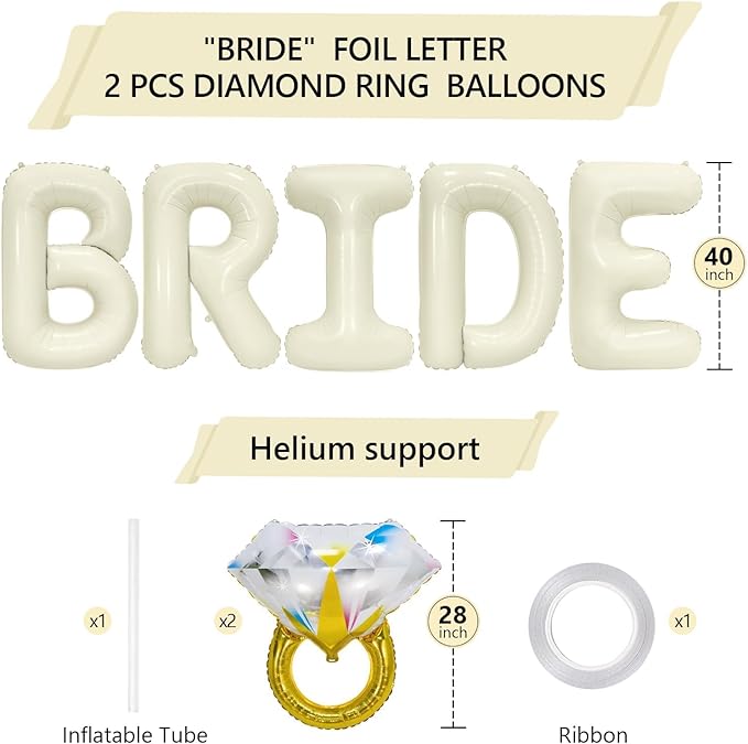 40 Inch BRIDE and Diamond Ring Balloon for Bachelorette Bridal Shower, Large Bride Mylar Foil Letter Balloon Engagement Wedding Photo Booth Decor Party Favors