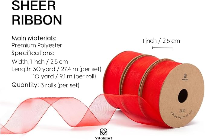Vitalizart Red Organza Ribbon for Gift Wrapping 1 inch x 30 Yd Extra Density Sheer Fabric Christmas Card Supplies Crafts Bows Tree Decor Wedding Wreaths Wrap 3 Rolls x 10 Yd