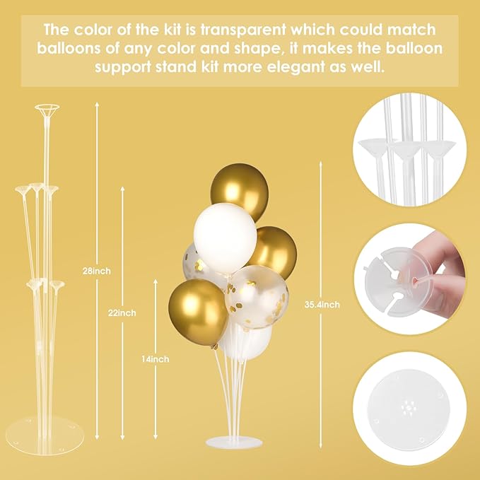 Voircoloria 6 Sets Balloon Stand Kits, Balloon Sticks with Base for Table Centerpieces Graduation Birthday Baby Shower Gender Reveal Party Decorations(White&Gold)