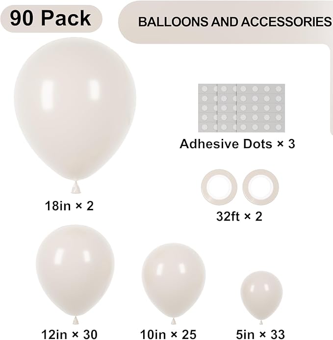 Voircoloria 90pack White Sand Balloons Different Size 18/12/10/5 Inch Sand White Balloon Garland Arch Kit for Wedding, Bridal, Baby Shower, Birthday, Graduation, Anniversary, Bachelorette Decorations