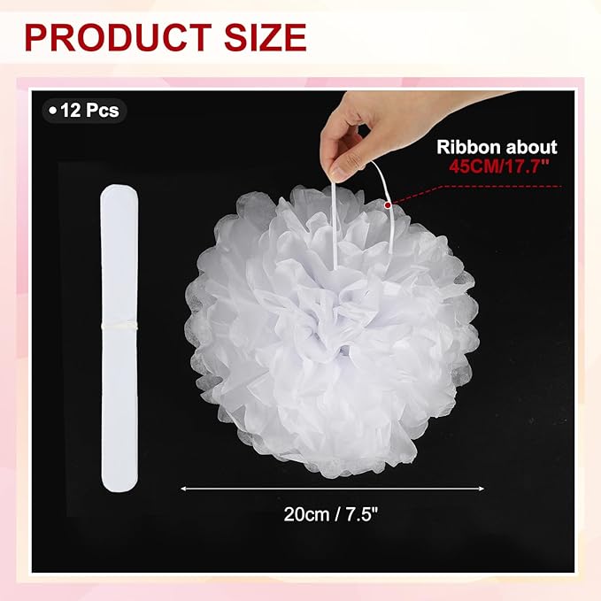 PATIKIL 8inch Tissue Paper Pom Poms, 12PCS Pom Poms Paper Flowers Ball Tissue Paper Flowers for Wedding Bridal Shower Birthday Bachelorette Party Backdrop Decoration, White