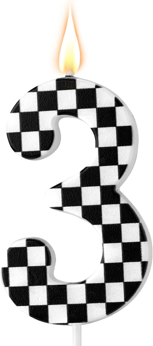 Racing Cars Themed Birthday Candle, Checkered Flag Number Candles Black and White Candles Happy Birthday Cake Topper Party Decorations for Boys Racing Cars Themed Party Supplies (Number 3)