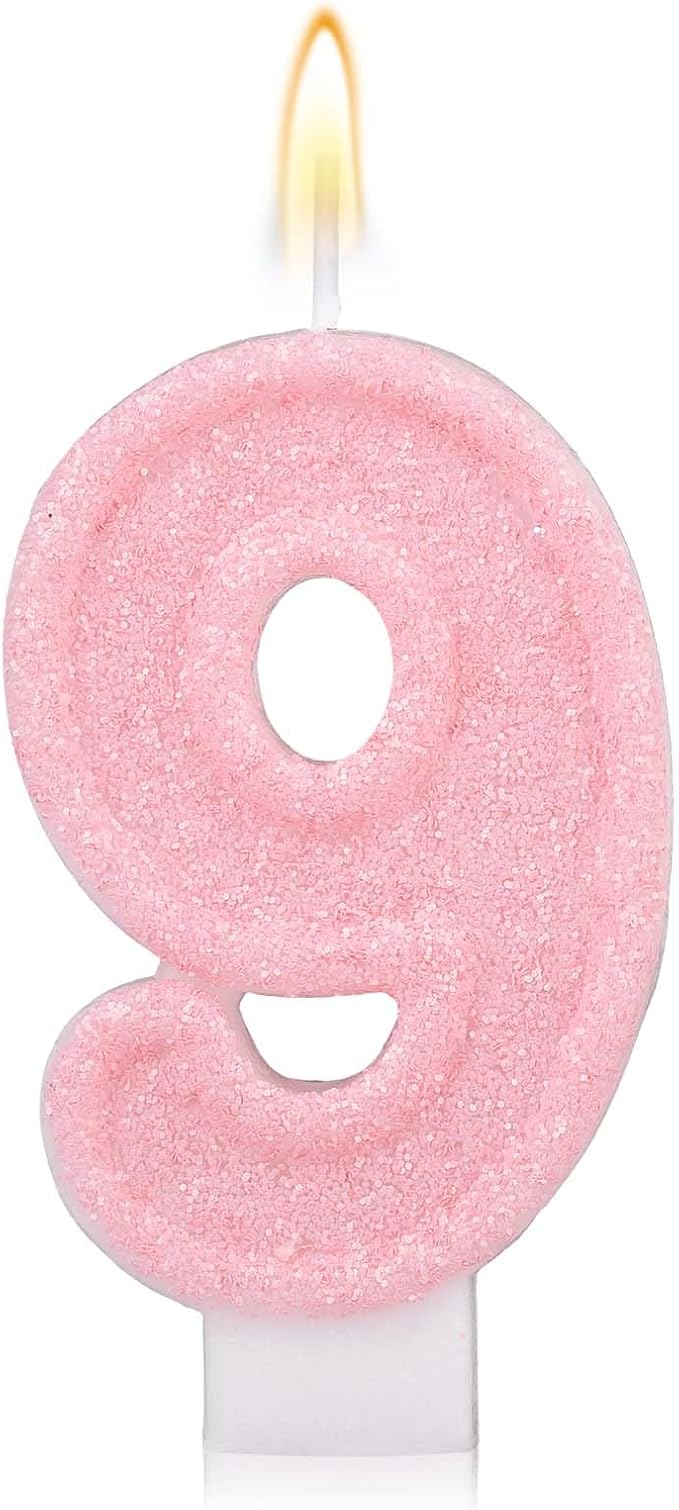 Pink Number Birthday Candles, Romantic Cake Glitter Pink Number Candles Anniversary Cake Topper Decoration Cute Birthday Party Supplies for Wedding Anniversary Celebration Supplies (9)