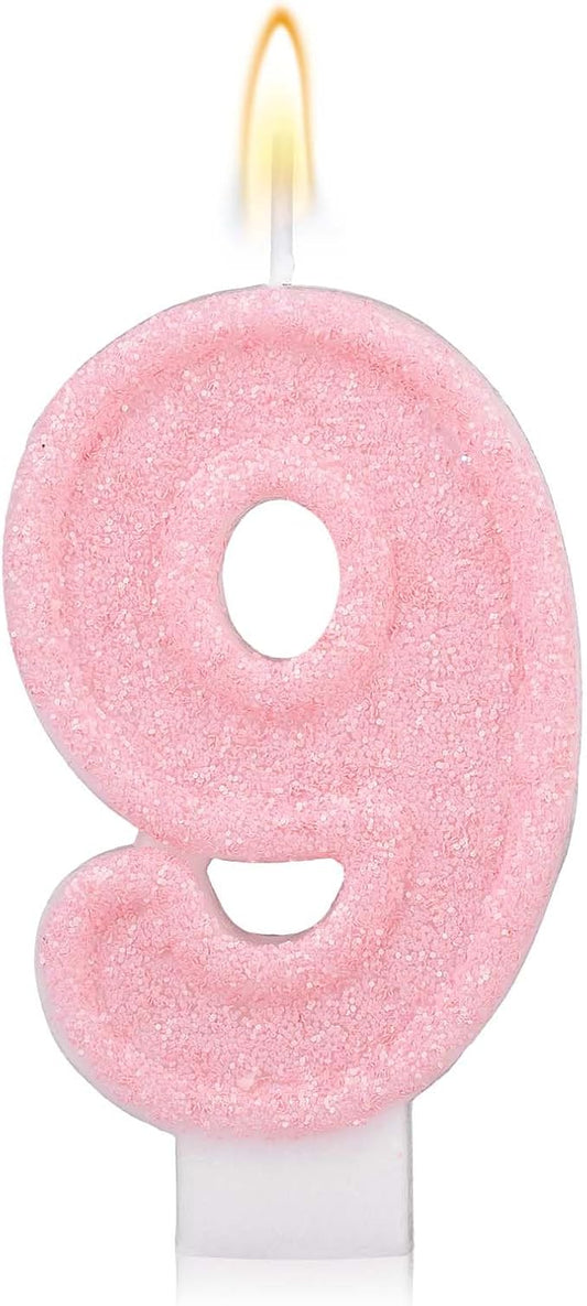 Pink Number Birthday Candles, Romantic Cake Glitter Pink Number Candles Anniversary Cake Topper Decoration Cute Birthday Party Supplies for Wedding Anniversary Celebration Supplies (9)