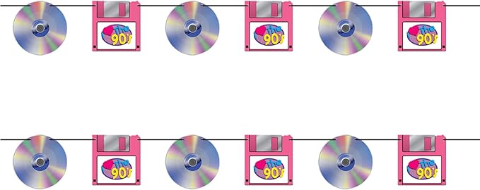 Beistle CD & Floppy Disk Streamers – 2 Pack Hanging 90s Theme Garland Decorations with Black Ribbon, Retro Party Backdrop for Birthdays, Throwback Nights and Photo Booth Displays, 7" x 5'