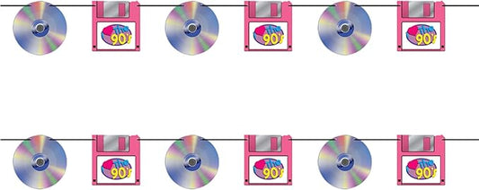 Beistle CD & Floppy Disk Streamers – 2 Pack Hanging 90s Theme Garland Decorations with Black Ribbon, Retro Party Backdrop for Birthdays, Throwback Nights and Photo Booth Displays, 7" x 5'