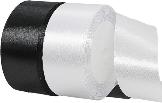 2 Rolls Black White Ribbon, 1-1/2 Inch 50 Yards Black White Satin Fabric Ribbon for Wedding Party, Gift Wrapping, Baby Shower, Flower Bouquets, DIY Crafts, Birthday Cakes and Christmas Decorations