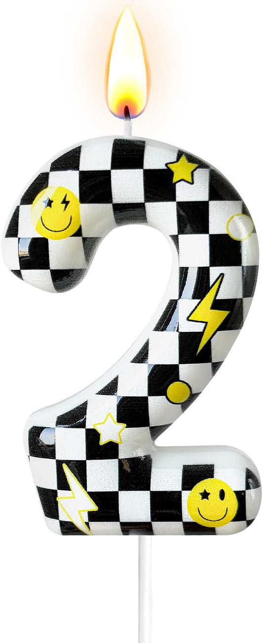 Number 2 Birthday Candle for Cake – Black White Checkered Smiley Design with Lightning & Star – Two Happy Dudes Theme Cake Topper for Birthday Party Decorations