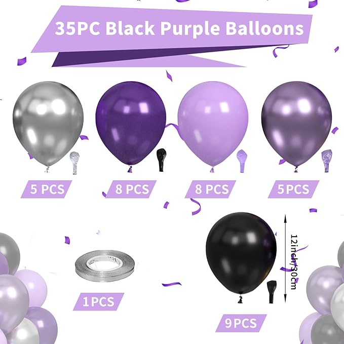 Purple and Black Balloons, Black Purple Balloons Metallic Silver Metallic Purple Balloons, Black Lilac Balloons for Women Girls Birthday Wedding Engagement Graduation Halloween Theme Party Decoration