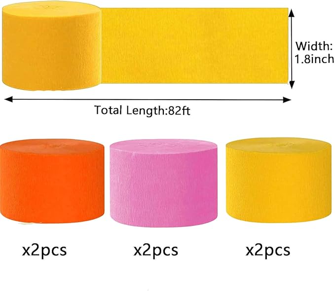 We Moment Pink Orange and Yellow Crepe Paper Streamers Party Streamer 1.8 Inch Widening 6 Rolls,Party Decoration Streamer 82 feet per roll for Birthday Party Decoration