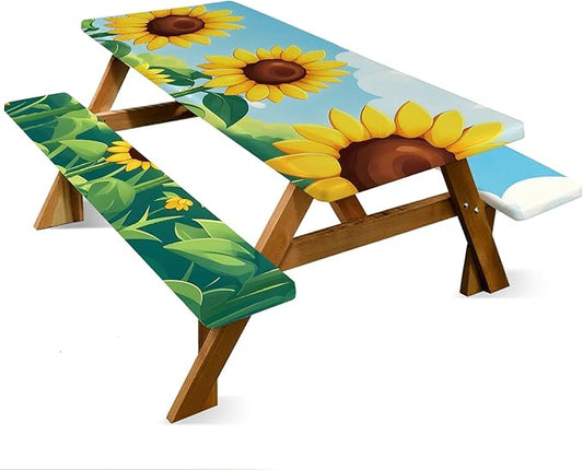 ANNA QUEEN 6FT Sunflower Spring Picnic Table Cover Set 3PCS 72"x30", Waterproof Outdoor Bench and Tablecloth Furniture Protection for Camping Beach BBQ Patio Backyard