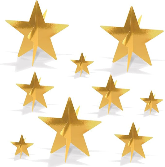 Beistle Gold 3-D Foil Star Centerpieces, 9-Count – Metallic Starry Table Decorations in 3 Sizes for New Year’s Eve, Awards Night, Graduation, Hollywood Party, Anniversary and Celebration Events