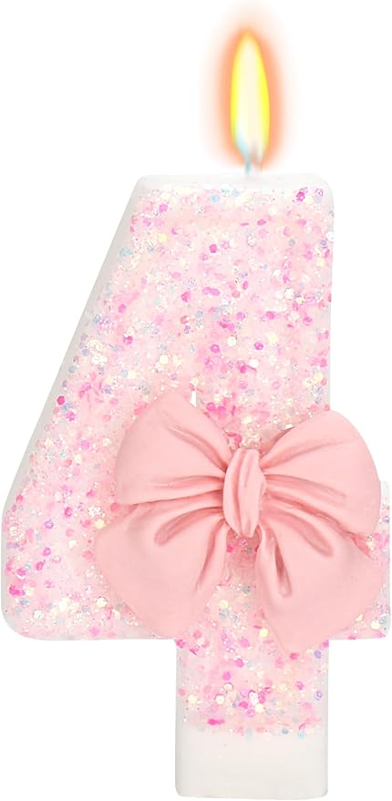 Birthday Candle for Cake, 4 Candle - Pink Glitter with Bowknot, 2.76 inch Happy Birthday Candle, Cake Topper Decoration for 4 Years Old Birthday Party (Number 4)
