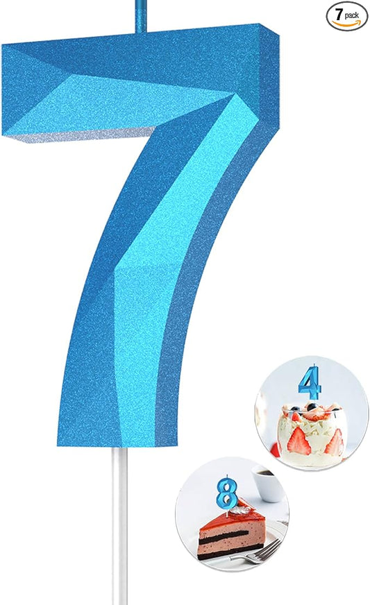 Number Birthday Candles(7 Candle Blue) 3D Diamond Shape Number Happy Birthday Cake Candles for Birthday Party Wedding Decoration Reunions Theme Party