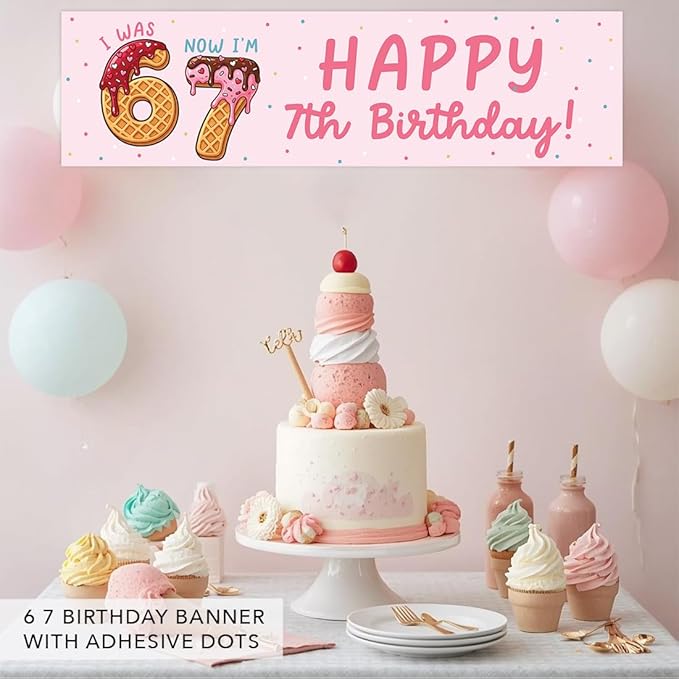 Andaz Press 13x48 Inch 6 7 Birthday Banner Decorations, I Was 6 Now I'm 7 Birthday Banner Ice Cream Theme Design 67 Happy Birthday Party Banner for Boys or Girls, Home or Party Decor Backdrop Sign
