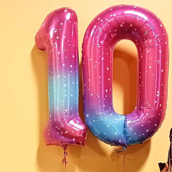 Gradient Blue Pink Number Balloons, 40" Large Rainbow Number 6 Foil Mylar Helium Balloons for Girls Women, Colorful Starry Self Inflating Number Balloons 0-9 for Birthday Party Celebration Decoration