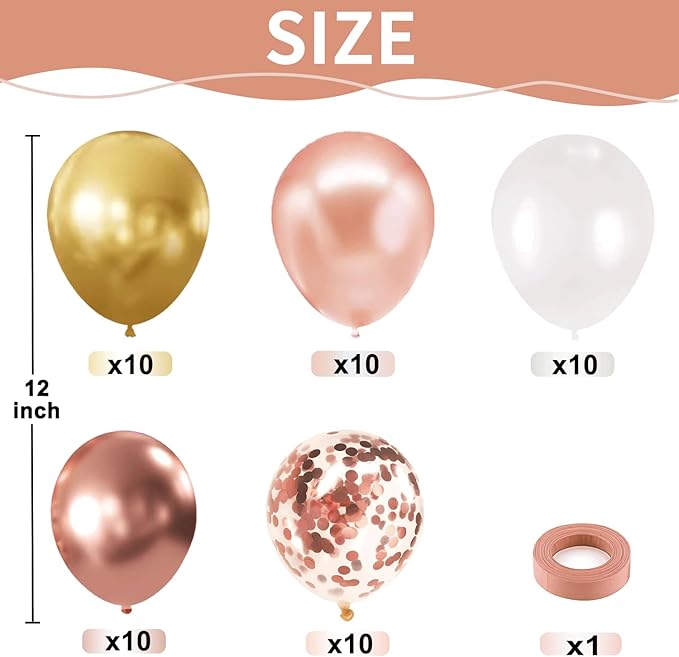 Rose Gold Balloons, 50pcs 12inch White Rose Gold Confetti Latex Balloon and Rose Metallic Balloons with Rose Gold Ribbons for Birthday Party Wedding Bridal Shower Decorations