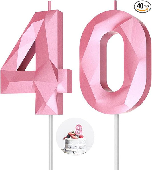 Number Birthday Candles(40 Candle Pink) 3D Diamond Shape 40th Happy Birthday Cake Topper Decorations for Women Men Birthday Wedding Anniversary Celebration Theme Party Supplies