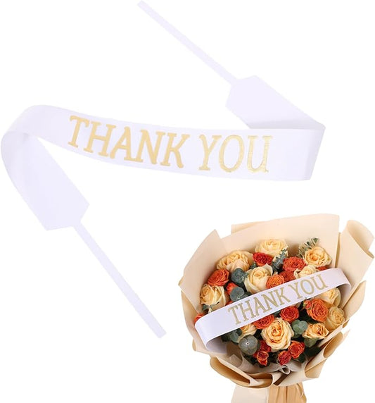 Set of 12 Bouquet Banner Grosgrain Ribbon Tie Wrap Printed Sash Florist Bulk Supply for Floral Arrangements (White - Thank You)