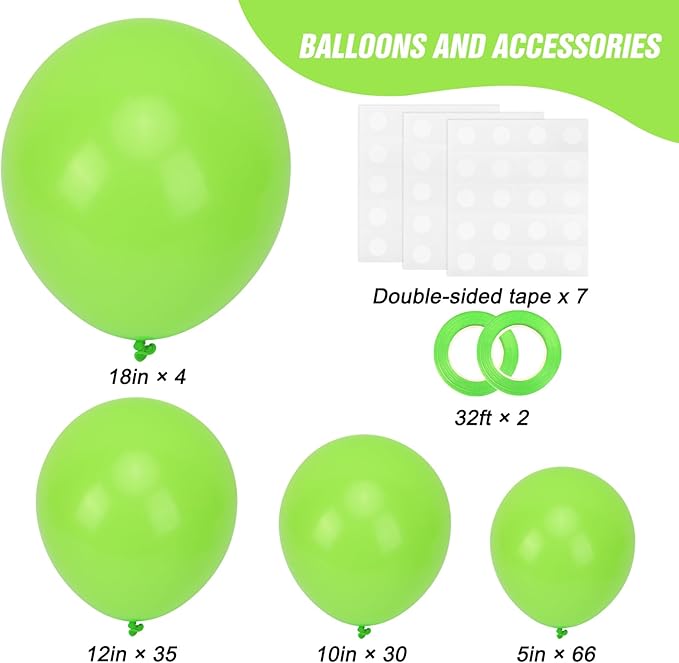 RUBFAC 135pcs Lime Green Balloons, Latex Light Fruit Neon Green Balloon Different Sizes 18 12 10 5 Inch for Garland Arch Birthday Baby Shower Dinosaur Jungle Safari Party Decoration