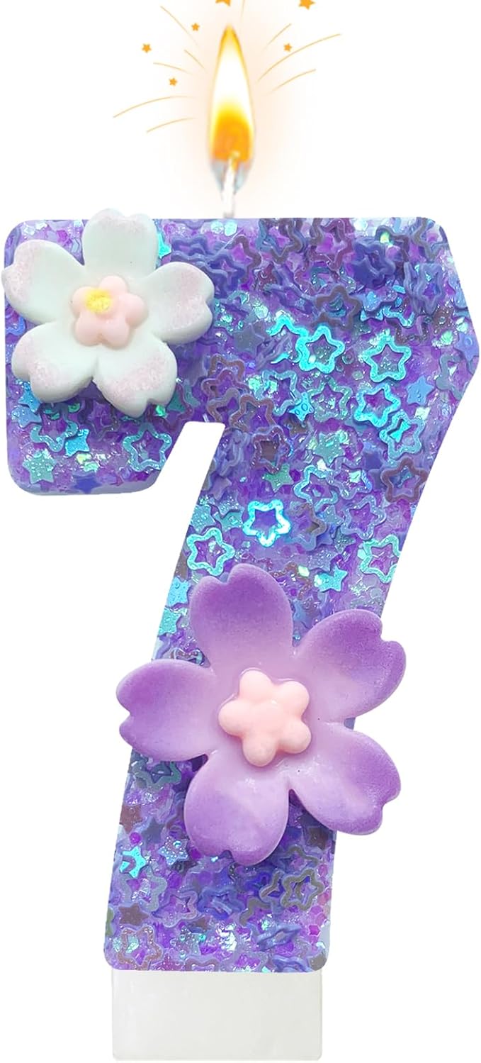 Purple Flower Birthday Candle,Number Birthday Candles for Cake, Ideal Birthday Parties Cake Decor, Wedding Anniversary and Other Celebrations (Number 7, Purple)