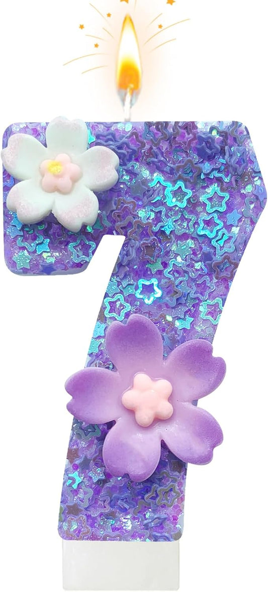 Purple Flower Birthday Candle,Number Birthday Candles for Cake, Ideal Birthday Parties Cake Decor, Wedding Anniversary and Other Celebrations (Number 7, Purple)