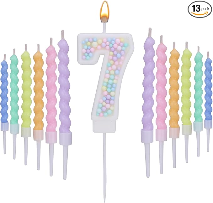 Number 7 Birthday Candles for Cake with 18 Pieces Spiral Candles with Macaron Pastel Rainbow Pink Cake Toppers for Girls Happy Birthday Party Decorations