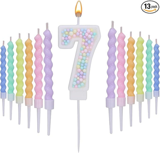 Number 7 Birthday Candles for Cake with 18 Pieces Spiral Candles with Macaron Pastel Rainbow Pink Cake Toppers for Girls Happy Birthday Party Decorations