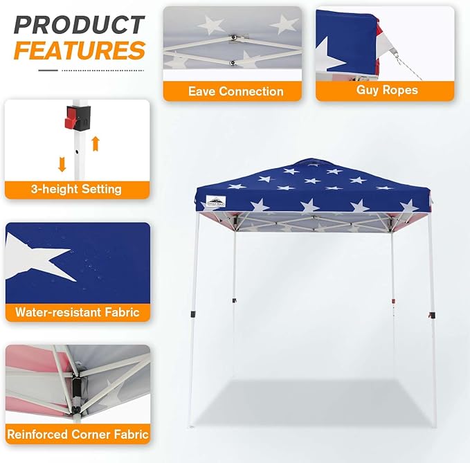 EAGLE PEAK Pop Up Canopy Tent with Wheeled Carry Bag, 8 Stakes, 4 Ropes, Easy Set Up Tent Canopy, 6.6x6.6 ft, American Flag