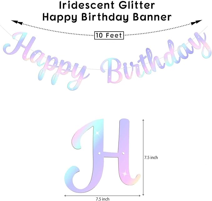 Glitter Happy Birthday Banner Sign, Rainbow Gradient Party Supplies Photo Prop Decorations for Women, Girls, Reusable Birthday Backdrop Banners, Glittering Decor for Unicorn Themed Party (Iridescent)