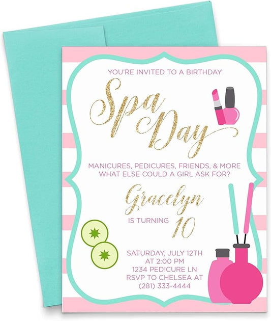 Modern Pink Paper Spa Day Birthday Invitations for Girls, Spa Day Invitations Birthday, Your choice of Quantity, Age, Info and Envelope Color
