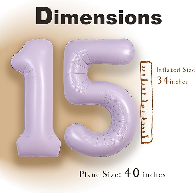 SUWEN 40 Inch Light Purple Large 15 Balloon Number Big Foil Helium Lavender Number Balloons Huge Mylar 0-9 Giant Jumbo Happy 15th Birthday Party Anniversary Decorations