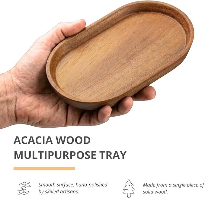 Vandroop Mini Serving Trays for Parties, Small Decorative Tray for Tea＆Coffee, Oval Wooden Plates for Serving Food for Appetizer＆Vegetables for Bathroom 7.8"×4.6" (Acacia, Set of 2)