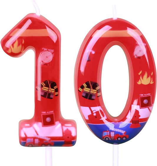 Number 10 Candle, Firetruck Fireman Cake Decoration, 10th Birthday Candle Birthday Party Supplies Firefighter Themed Cake Topper Decorations for Kids Boy Girl Party Decor (red, Number 10)