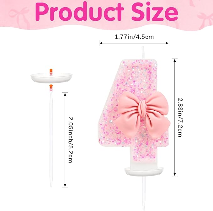 Pink Bow Number 4 Birthday Candle, Glittering Candles Birthday Cake Topper, Princess Themed Party Decor for Girls and Women Anniversary Party Supplies
