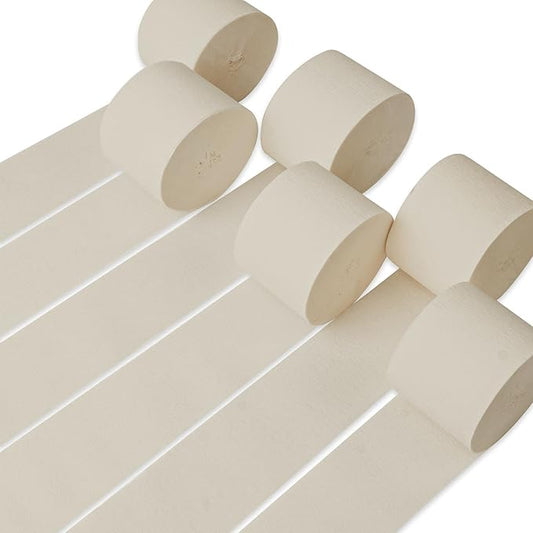 PartyWoo White Crepe Paper Streamers 6 Rolls 492 ft Pack of Beige Sand Off White Crepe Paper Rolls for Graduation Wedding Bridal Baby Shower Birthday Party Decorations (1.8 Inch x 82 Ft/Rolls)