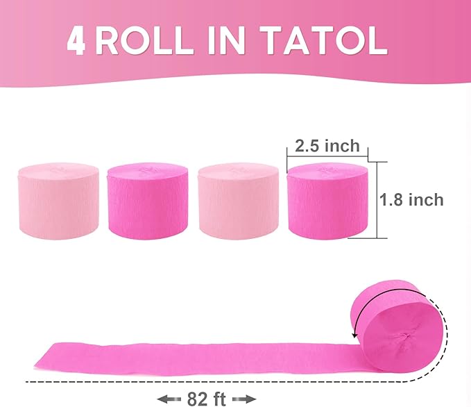 4 Rolls Crepe Paper Pink Series Streamers – Perfect for Streamers Party Decorations, Wedding, Birthday, Colored Decor, and DIY Craft Supplies(1.8 Inch x 82 Ft/Roll)