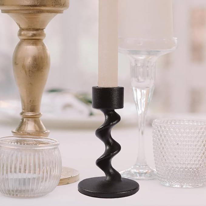 4PCS Matte Black Spiral Iron Taper Candlestick Holders – Stylish Table Centerpieces for Wedding, Anniversary, Party & Home Decor, Durable Gift with Anti-Slip Design