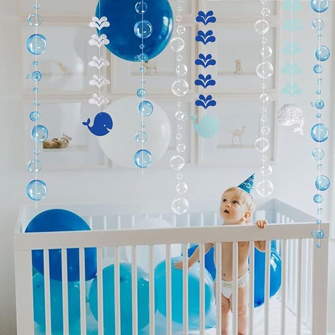 Decor365 Blue Bubble Whale Garland Boy Baby Shower Ocean Garland Whale Theme Under The Sea Party Decorations Birthday Banner Marine Whale Party Streamers Beach Nautical 1st Birhtday Party Decor