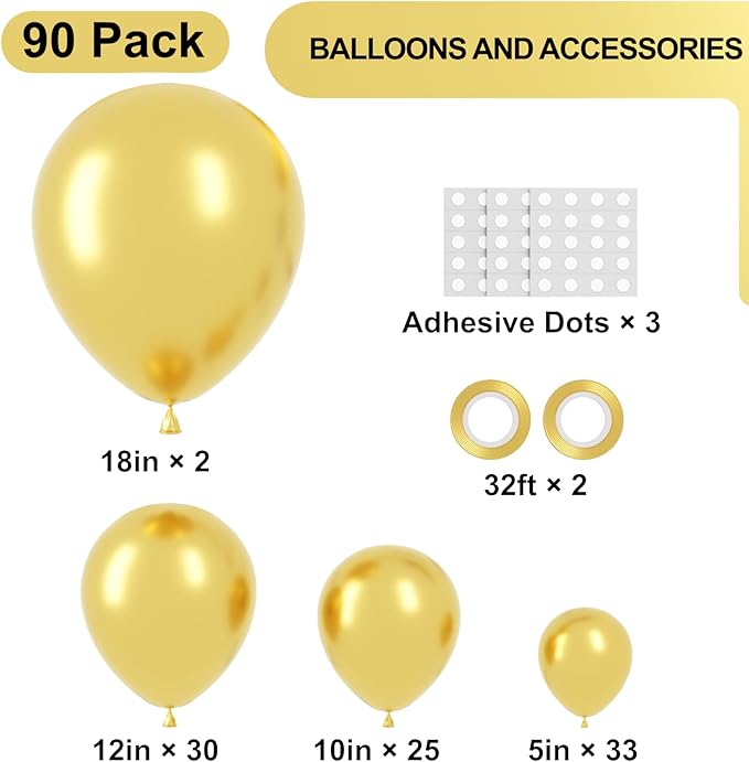Voircoloria 90pack Metallic Gold Balloons Different Size 18/12/10/5 Inch Chrome Gold Balloon Garland Arch Kit for Wedding, New Year, Birthday, Graduation, Bridal Shower, Baby Shower Decorations