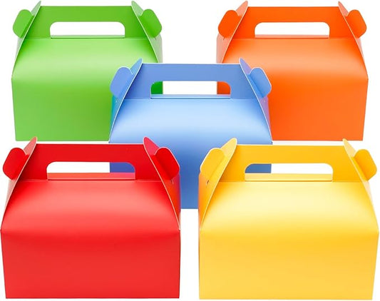 UnicoPak 30 Pack Party Favor Bag Boxes, Gable Gift Boxes with Handles for Candies Treats Goodies Cookies Happy Meals, Ideal for Theme Birthday Party, Classroom Events, Valentine's Day, 6.5x3.5x3.5 Inches