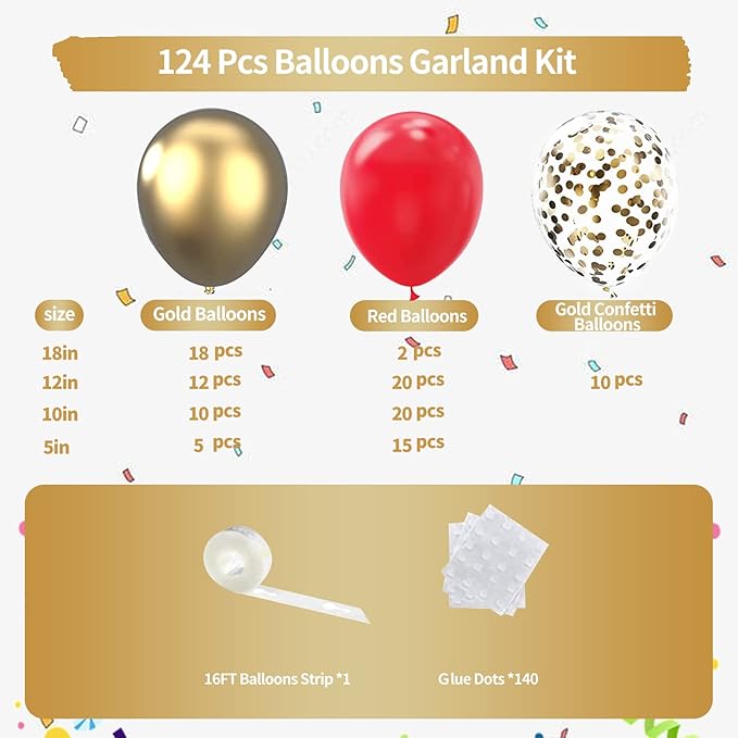 Red and Gold Balloon Garland Kit, 124Pcs Balloons Arch Kit, Bright Durable Latex Balloons for Valentines, Wedding, Bachelorette, Birthday, Baby Shower, Engagements Anniversary Party Decorations