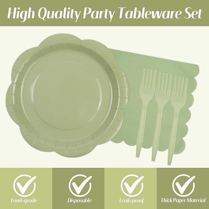 75 PCS Sage Green Paper Plates and Napkins Party Supplies, Green Scalloped Plates Napkins Forks Disposable Tableware Set for Bridal Baby Shower Wedding Birthday Party Decorations