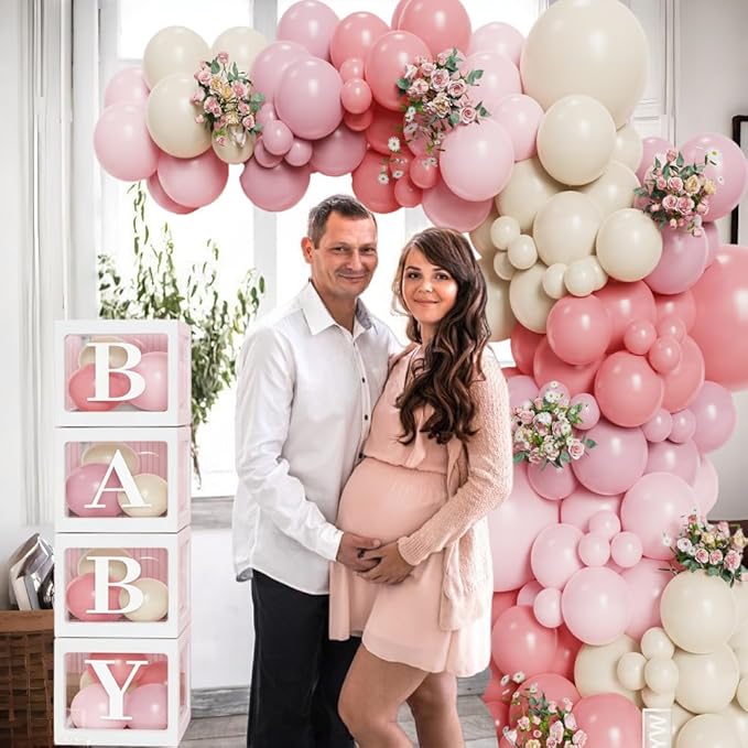 144Pcs Boho Baby in Bloom Balloon Arch Kit, Baby Shower Decorations, Vintage & Dusty Pink Sandy White Balloons with BABY Letter Boxes, Boho Floral Party Supplies for Baby Shower Gender Reveal Birthday