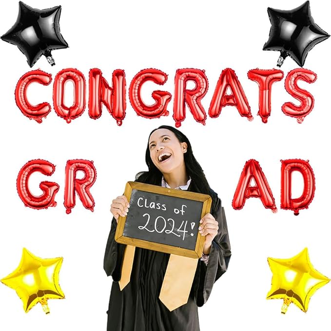 Graduation Balloons Set - CONGRATS GRAD Red Foil Letter Balloons with Star Decorations - Perfect Graduation Gift for 2026 Graduates - Party Decoration Kit