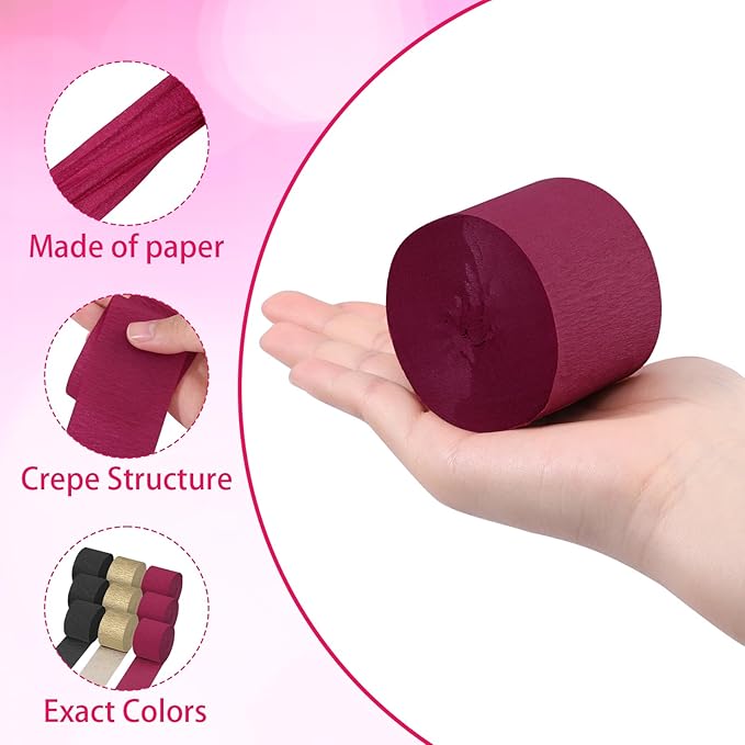 Crepe Paper Streamers 9 Rolls 738ft, Pack of Burgundy, Gold and Black Crepe Paper for Party Casino Graduation Birthday Baby Shower Decorations, 1.77 Inch x 82 Ft/Roll
