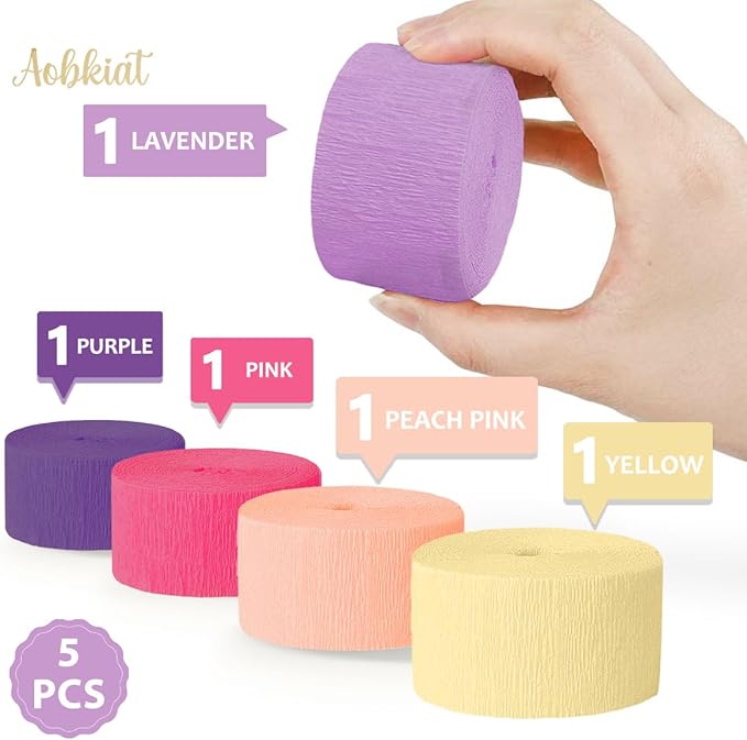 AOBKIAT Purple Pink Streamers Party Decorations,5 Rolls Colorful Crepe Paper Streamers for Birthday Baby Shower Wedding Princess Butterfly Fairy Theme Party,DIY Tassel,1.8 Inch x 82 Ft/Roll