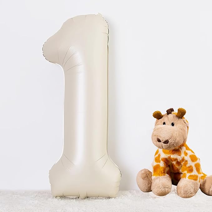 40 Inch Beige Number 1 Balloon for 1st Birthday Decorations Boys Girls, Large Self Inflating Cream Foil Number 0-9 White Sand 1 Balloons for Women Men Party Anniversary Supplies Baby Shower
